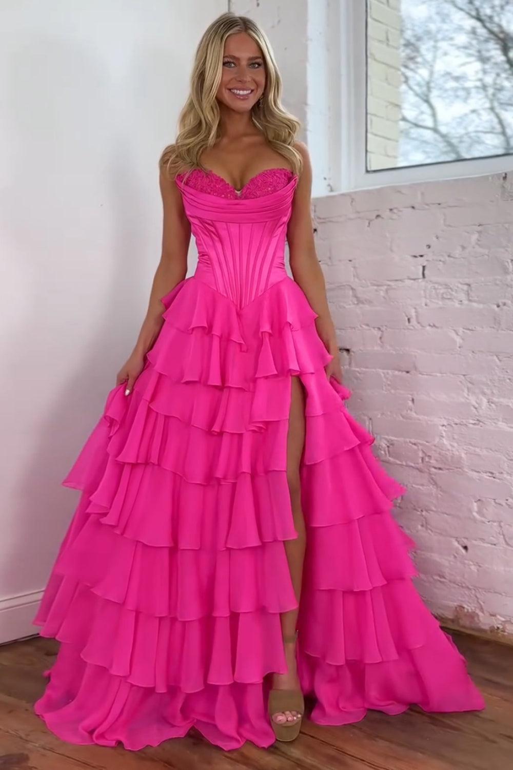 A Line Red Prom Dress Sweetheart Ruffled Long Formal Dress With Slit