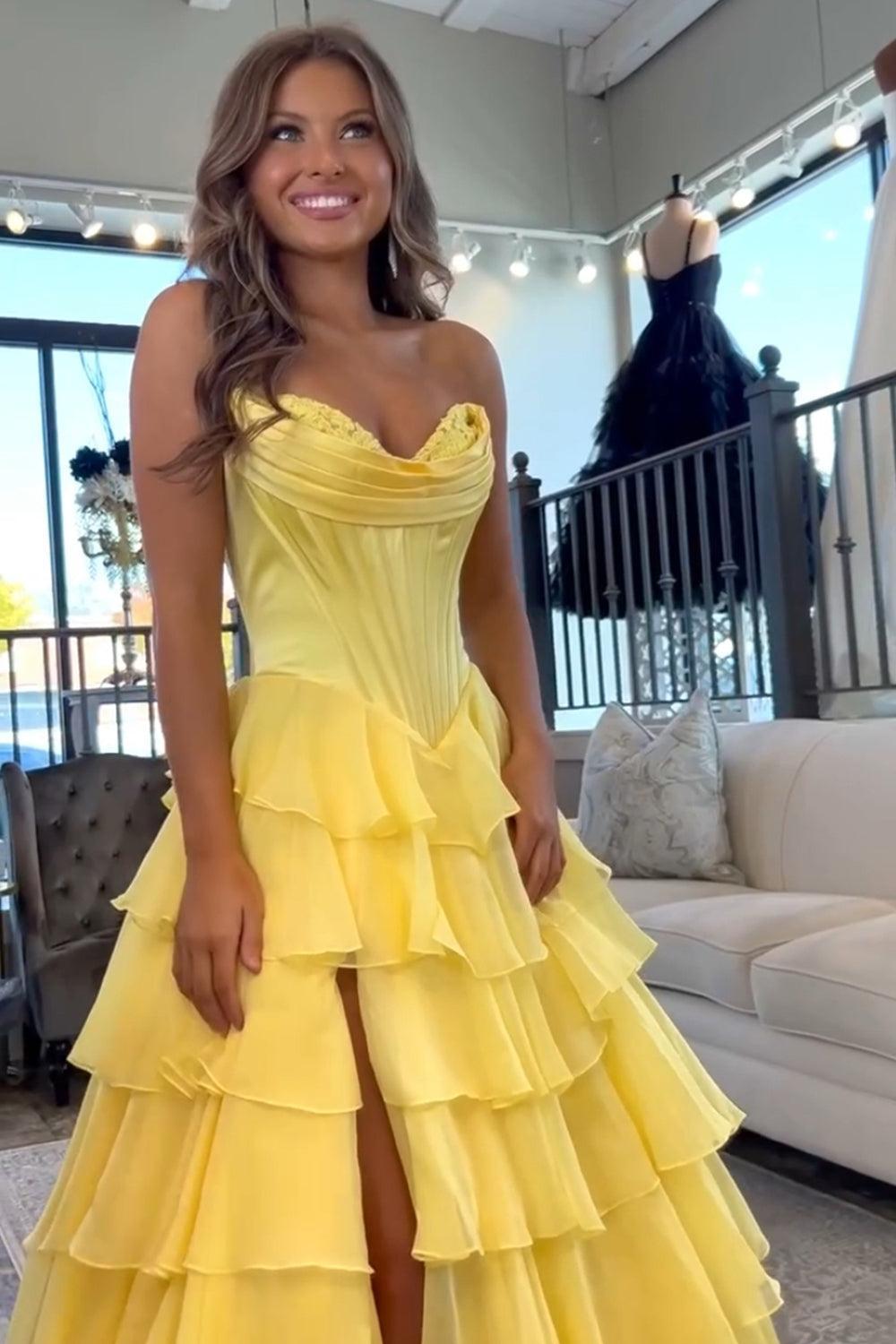A Line Red Prom Dress Sweetheart Ruffled Long Formal Dress With Slit