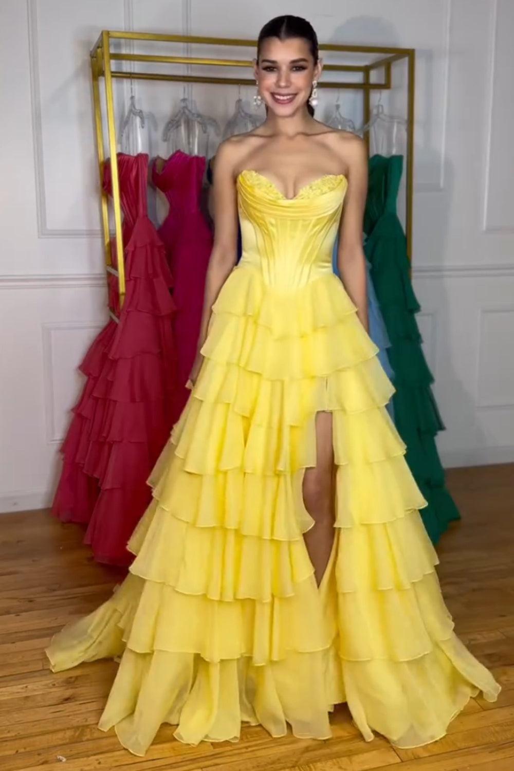 A Line Red Prom Dress Sweetheart Ruffled Long Formal Dress With Slit