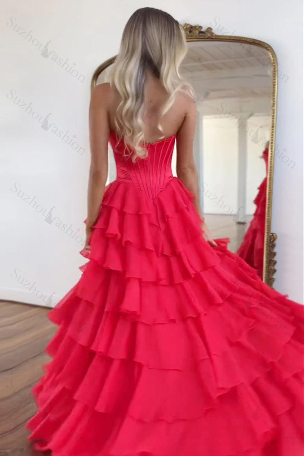 A Line Red Prom Dress Sweetheart Ruffled Long Formal Dress With Slit