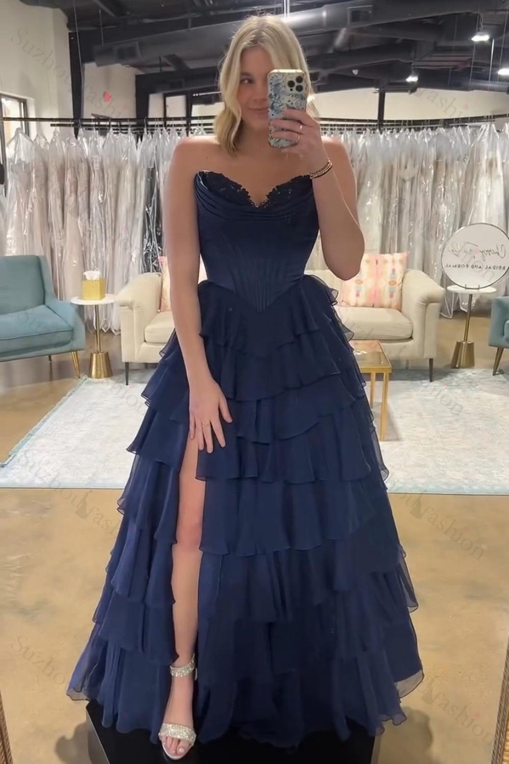 A Line Red Prom Dress Sweetheart Ruffled Long Formal Dress With Slit
