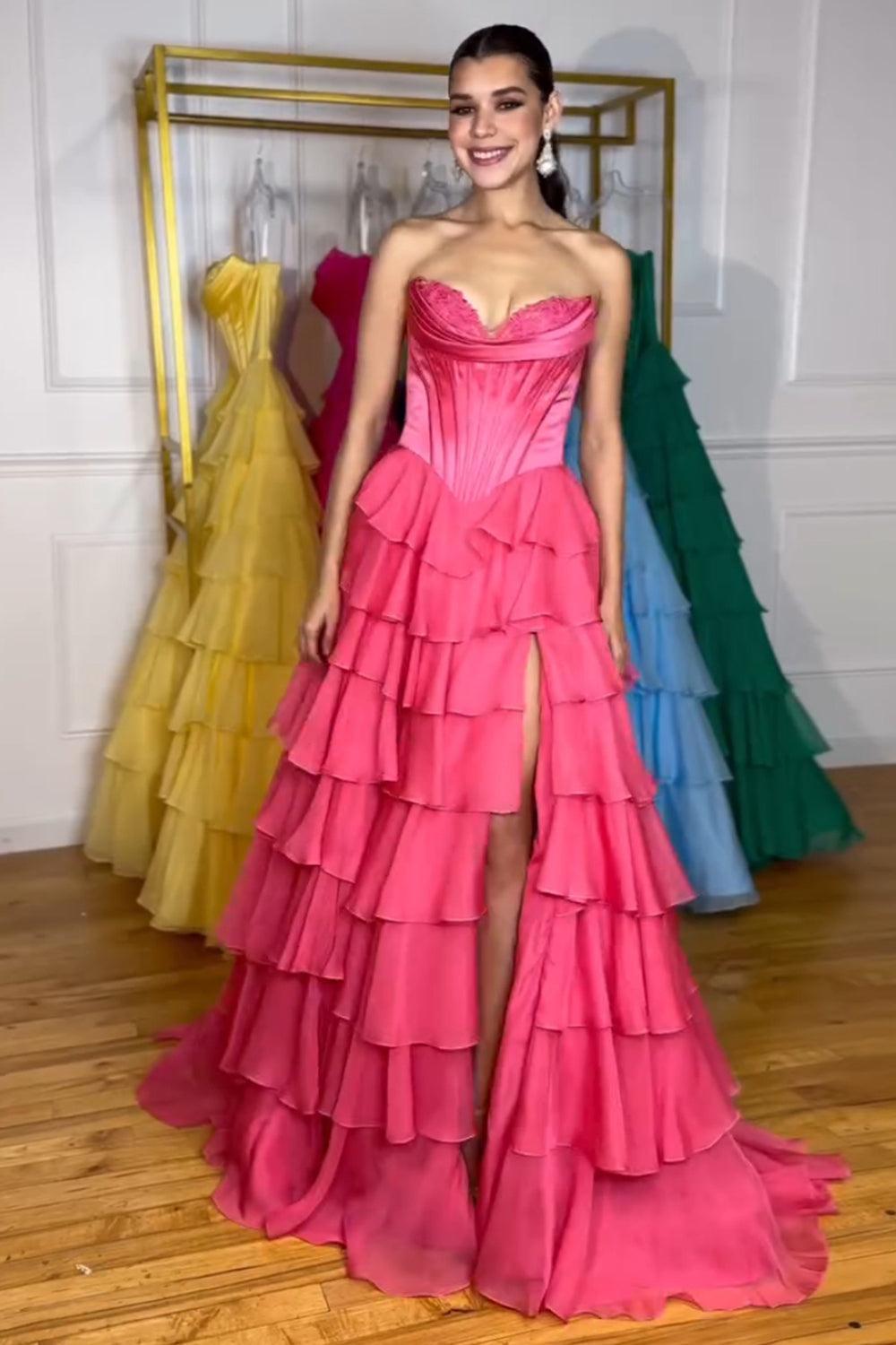 A Line Red Prom Dress Sweetheart Ruffled Long Formal Dress With Slit