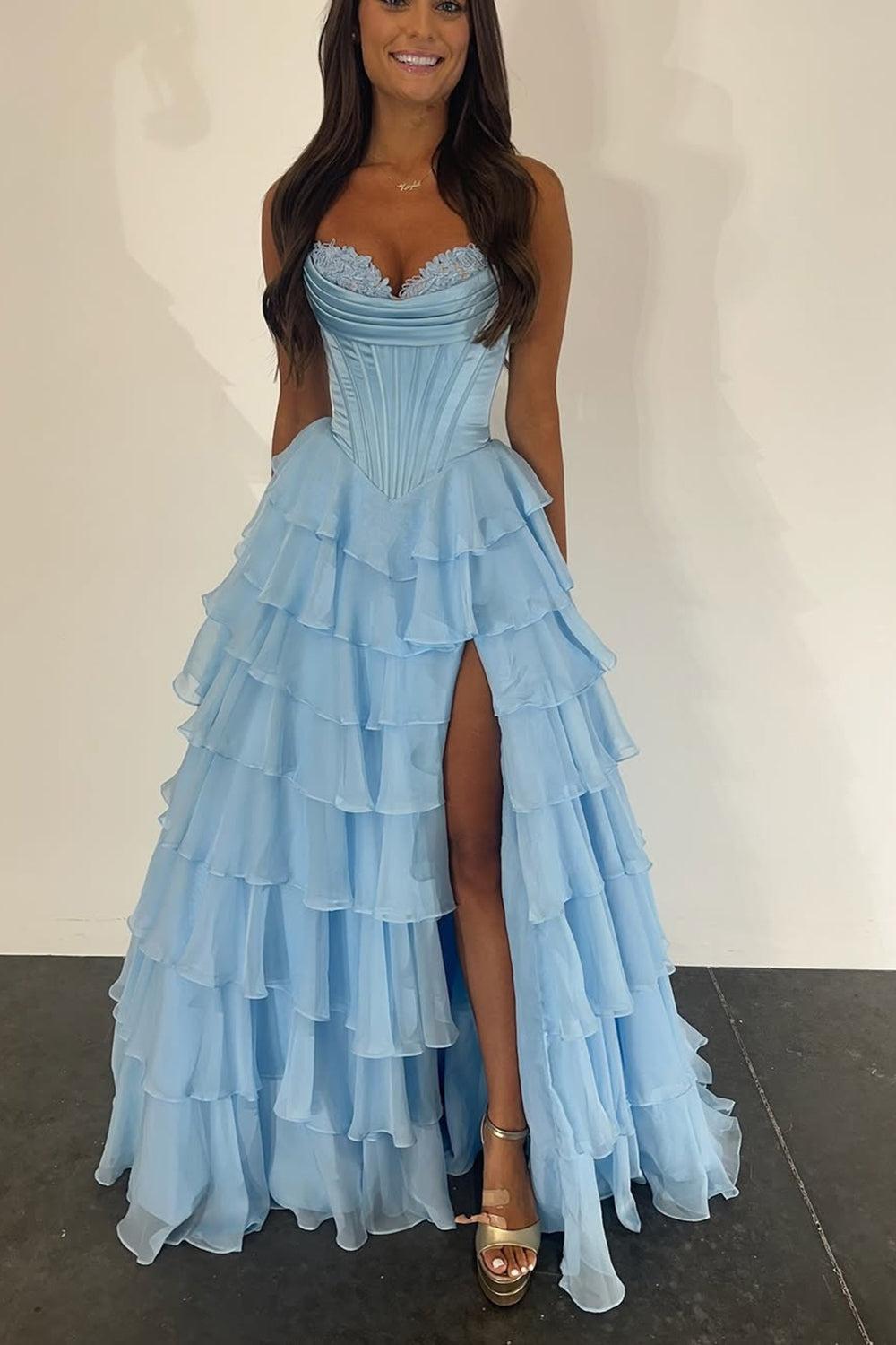 A Line Red Prom Dress Sweetheart Ruffled Long Formal Dress With Slit