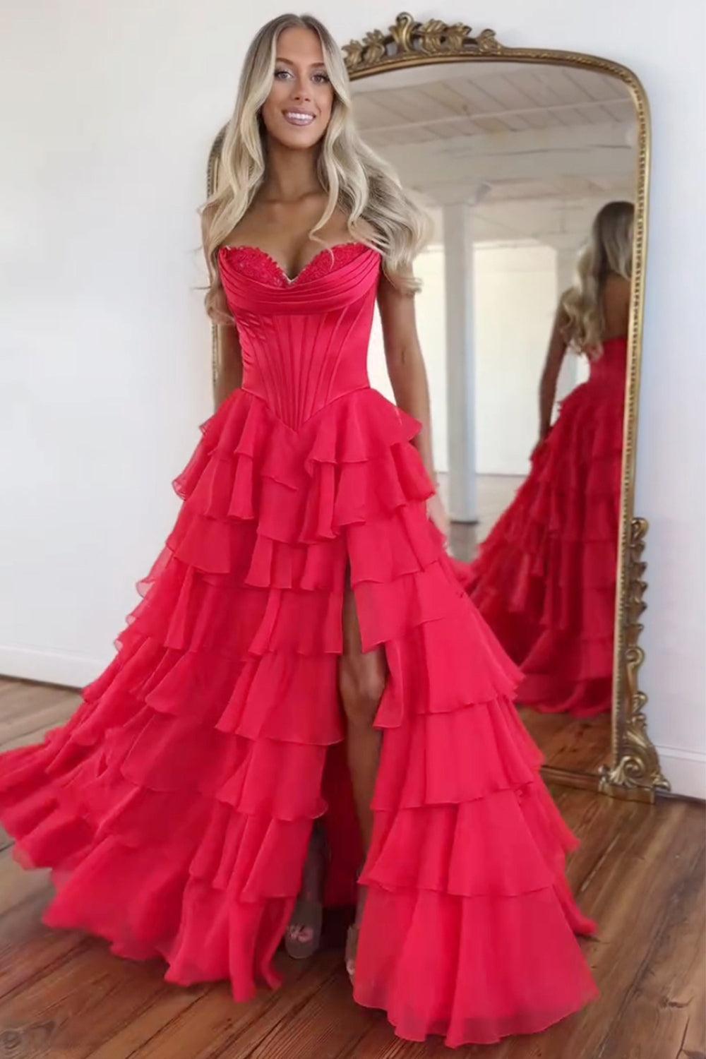 A Line Red Prom Dress Sweetheart Ruffled Long Formal Dress With Slit