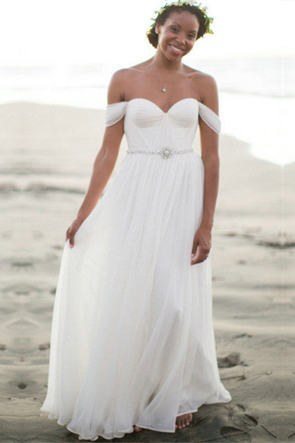 A-Line Ruffles Off the Shoulder  Bridal New Arrival Chiffon Summer Beach Wedding Dress