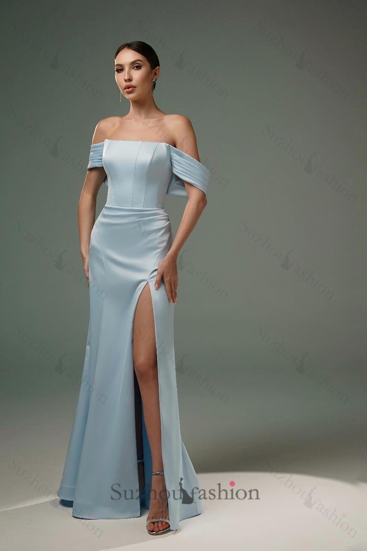 A Line Satin Off The Shoulder Sleeveless Formal Dress With Slit