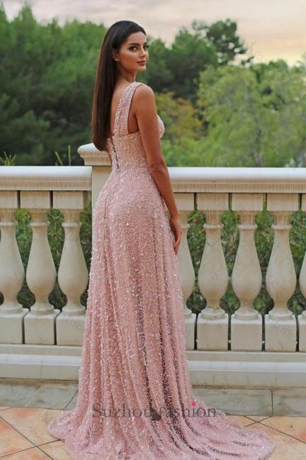 A Line Satin Prom Dress One Shoulder Sleeveless Pink Formal Dress With Slit