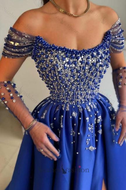 A Line Satin Prom Dress Scoop Sleeveless Formal Dress With Slit