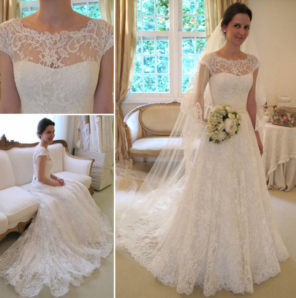 A-Line Short Sleeve Court Train Wedding Dress New Arrival Bowknot Custom Made Bridal Gown