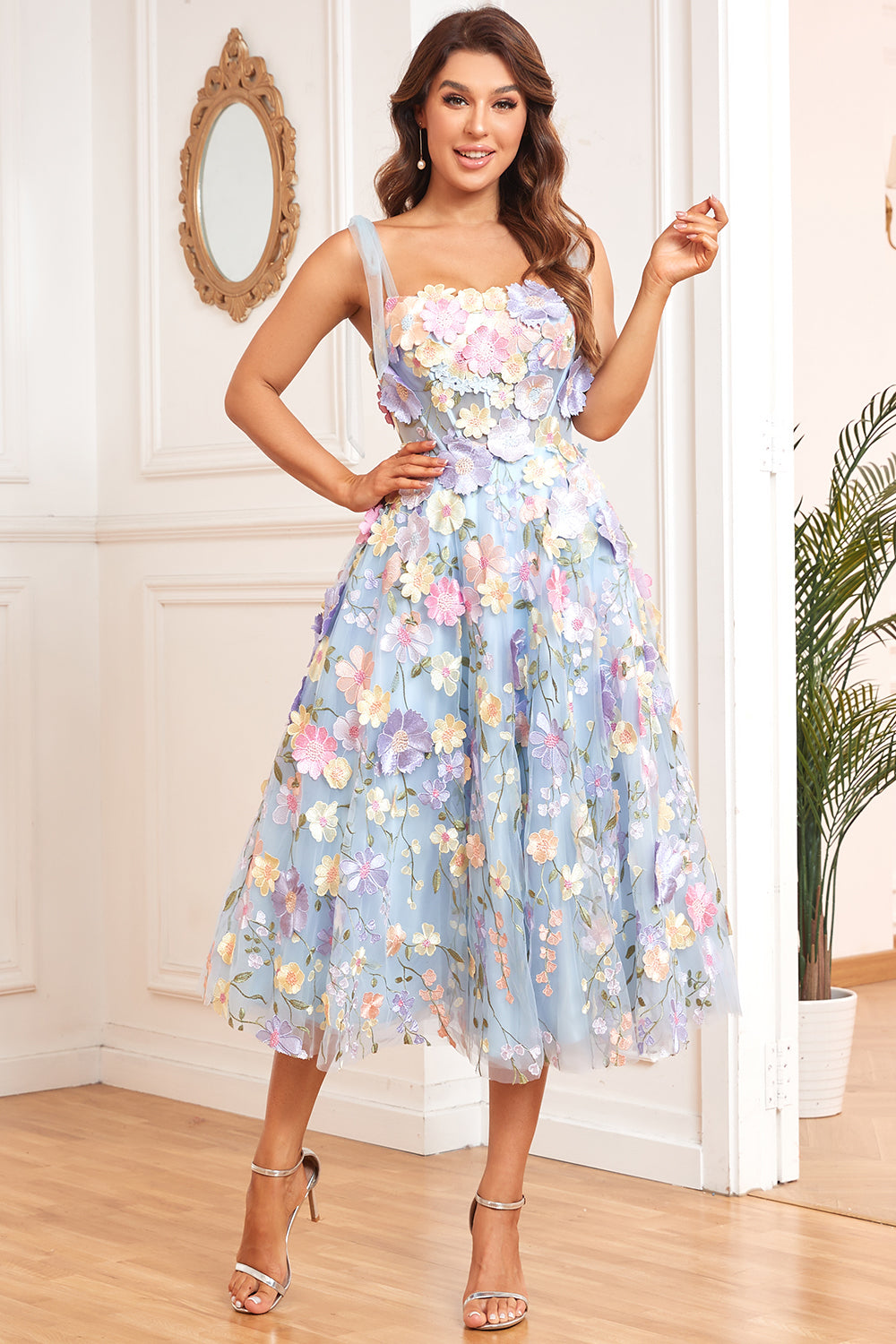 A Line Spaghetti Straps Purple Homecoming Dresses Tea Length Prom Dress with 3D Flowers