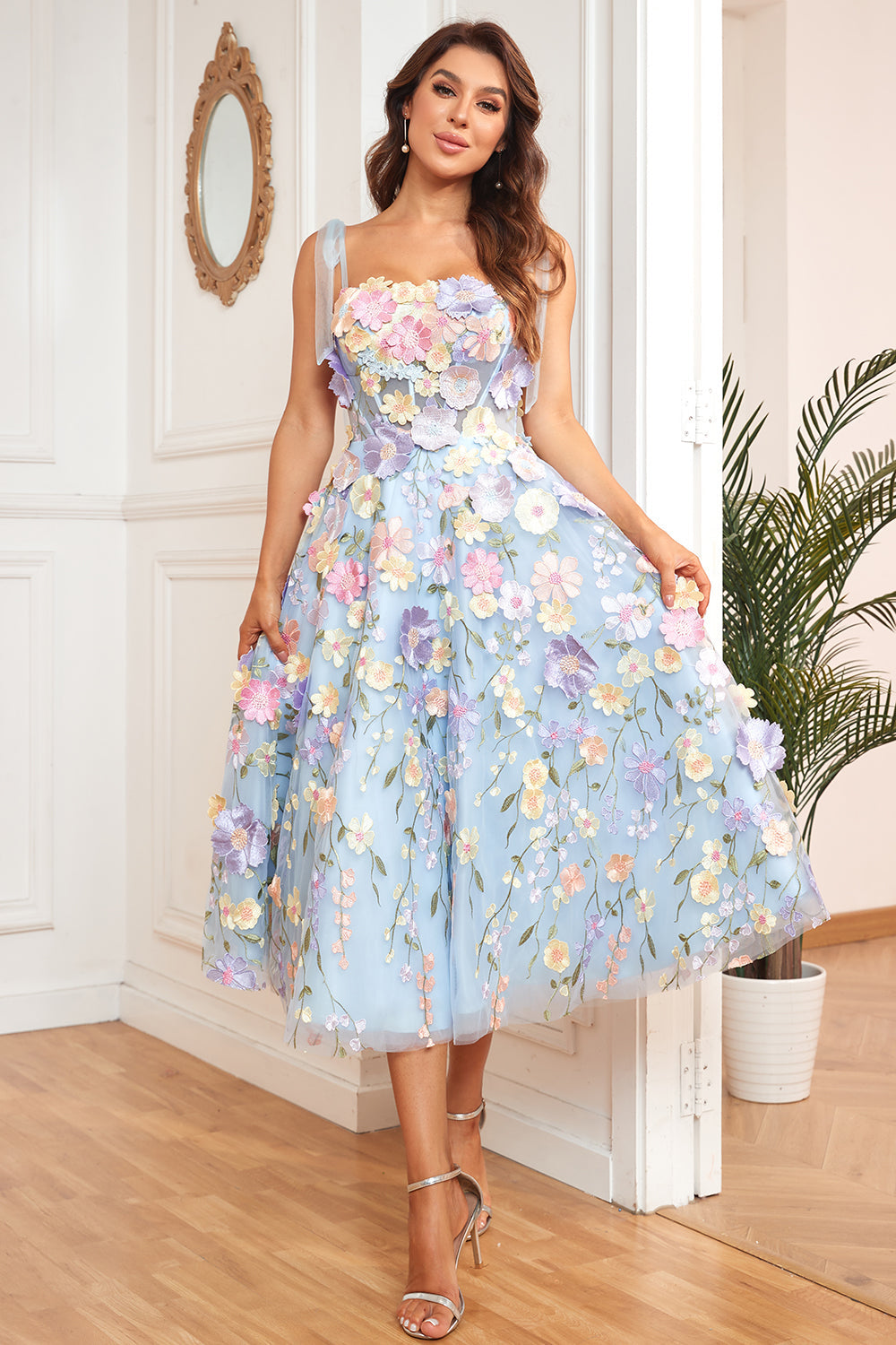A Line Spaghetti Straps Purple Homecoming Dresses Tea Length Prom Dress with 3D Flowers