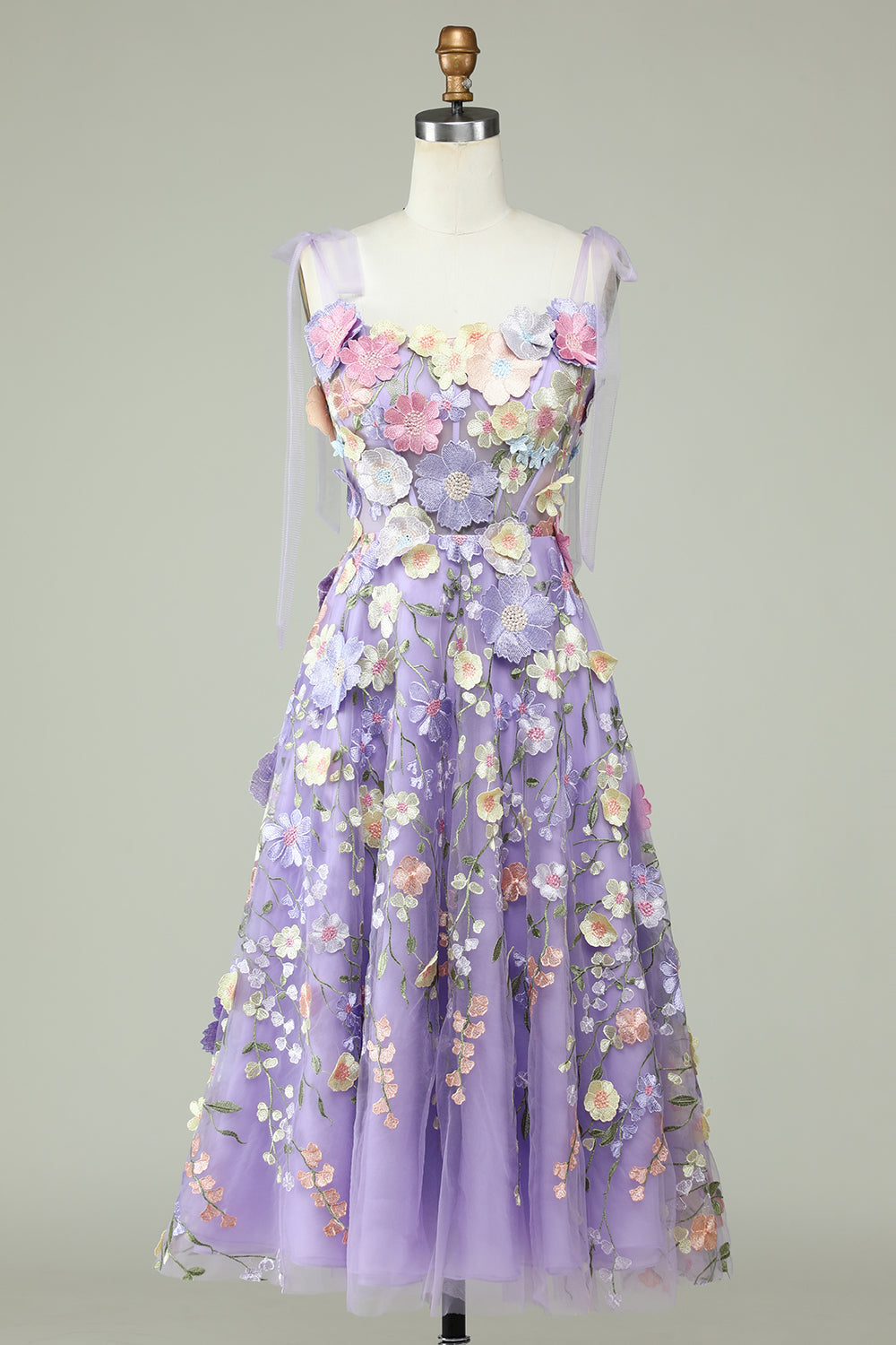 A Line Spaghetti Straps Purple Homecoming Dresses Tea Length Prom Dress with 3D Flowers