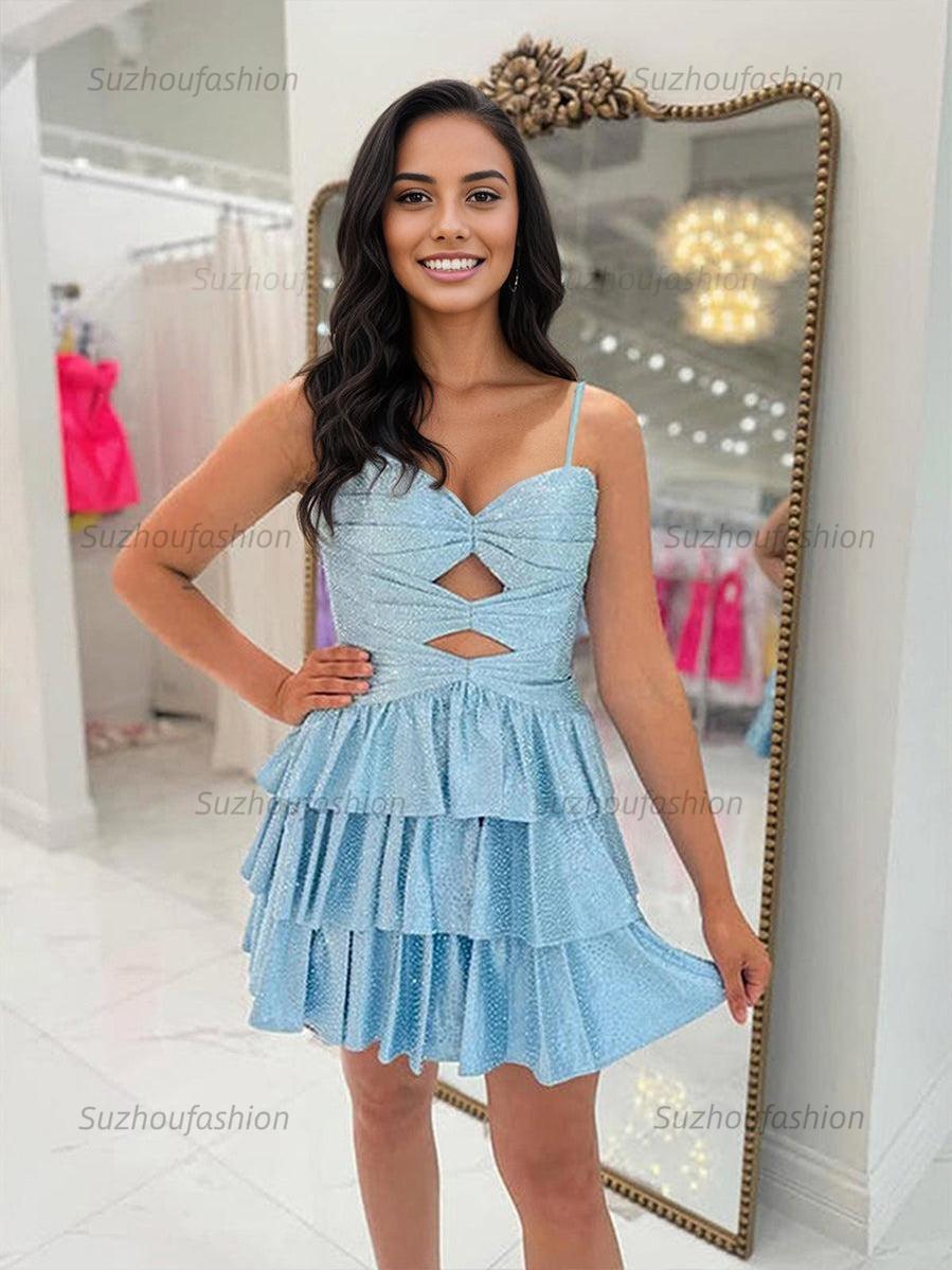Suzhoufashion A Line Spaghetti Straps Sweetheart Satin Homecoming Dress with Keyhole