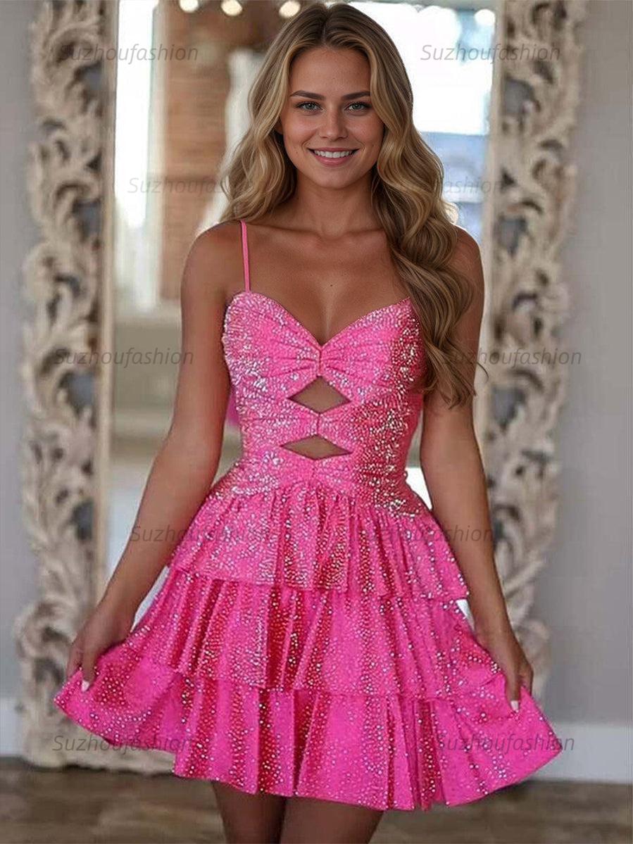 Suzhoufashion A Line Spaghetti Straps Sweetheart Satin Homecoming Dress with Keyhole