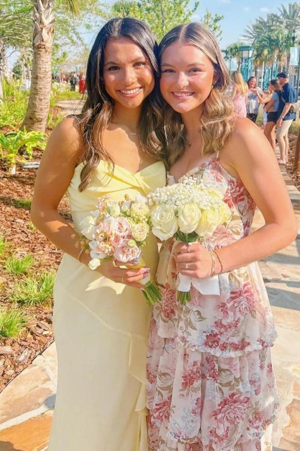 A Line Spaghetti Straps Yellow Long Prom Dress With Split Front Formal Evening Gown