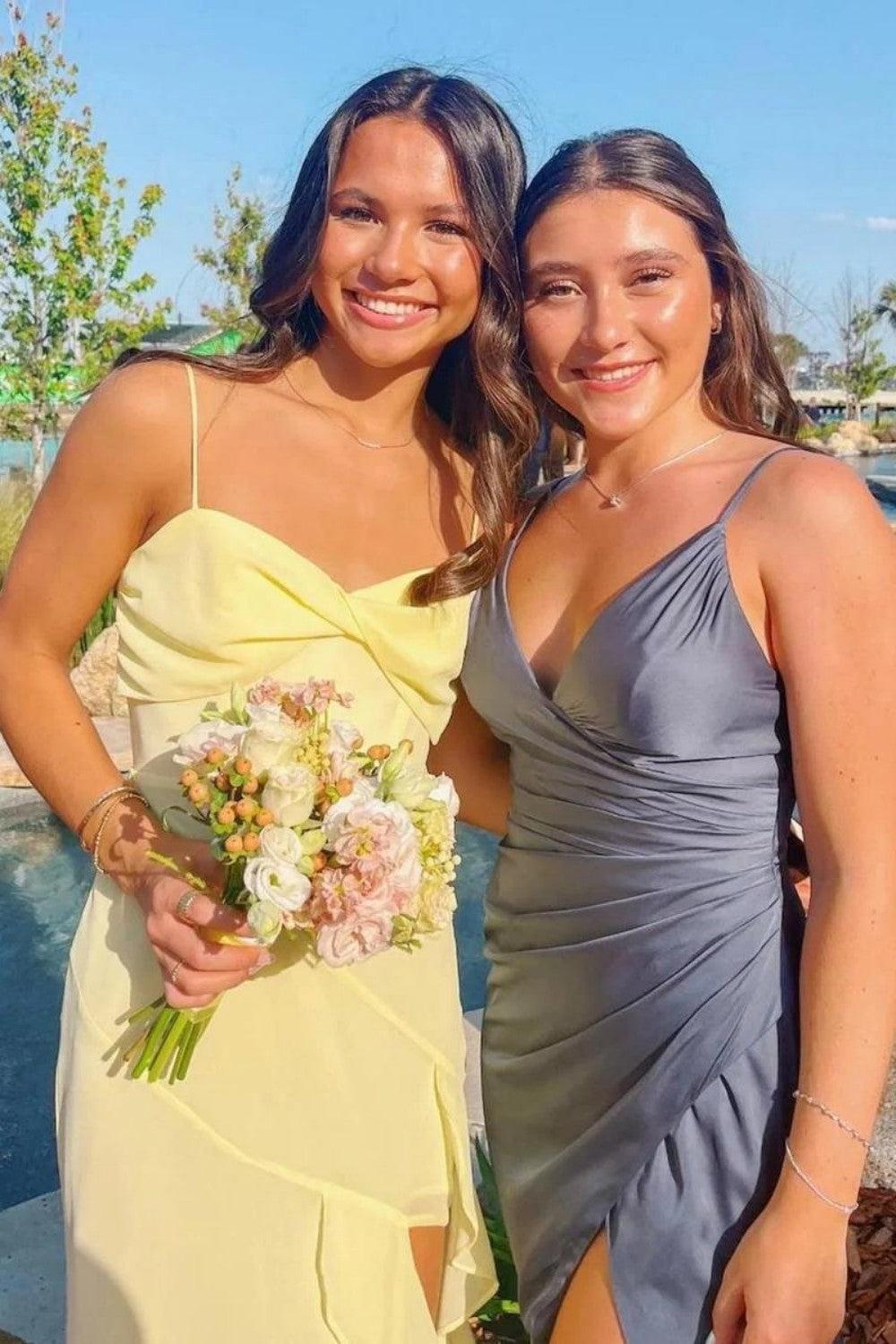 A Line Spaghetti Straps Yellow Long Prom Dress With Split Front Formal Evening Gown