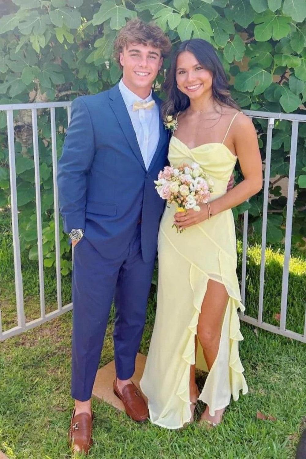 A Line Spaghetti Straps Yellow Long Prom Dress With Split Front Formal Evening Gown