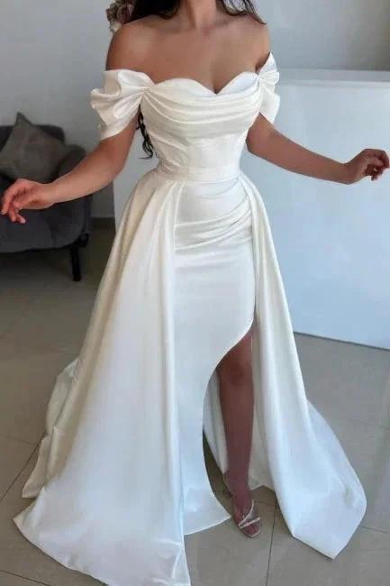 A-Line Split Front Off-The-Shoulder Sweetheart Stain Wedding Dresses with Ruffles (ZD15619)