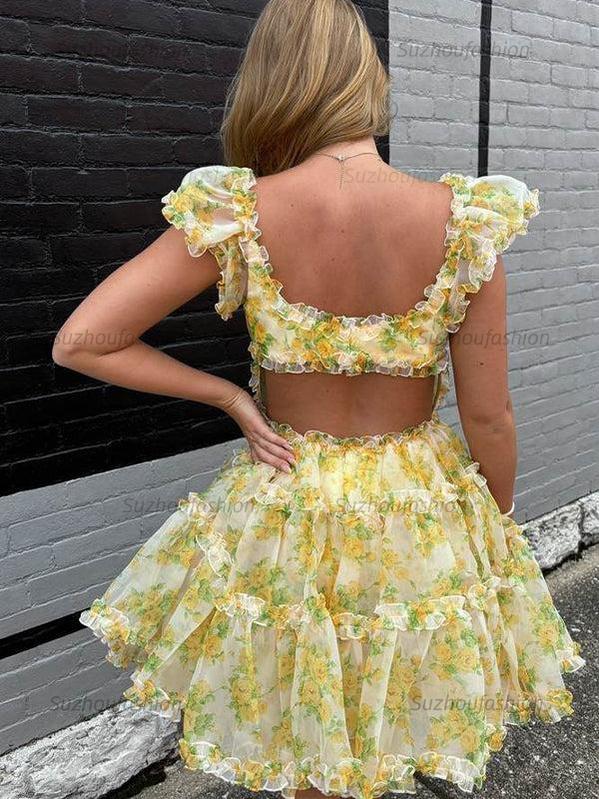 Suzhoufashion A-Line Square Neck Floral Print Tulle Short Homecoming Dress