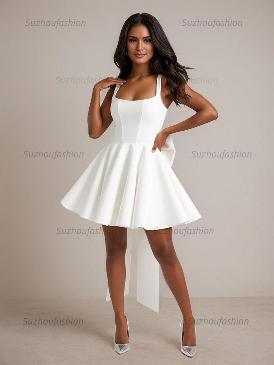 Suzhoufashion A-Line Square Neck Pleated Homecoming Dresses Mini Cocktail Dress with Bow