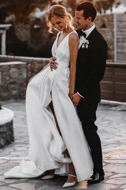 A-Line Stain V-Neck Split Front Sleeveless Wedding Dresses with Ruffles (ZD15730)