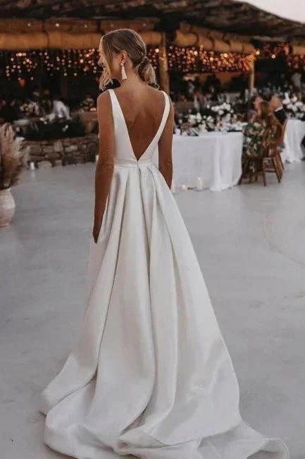A-Line Stain V-Neck Split Front Sleeveless Wedding Dresses with Ruffles (ZD15730)