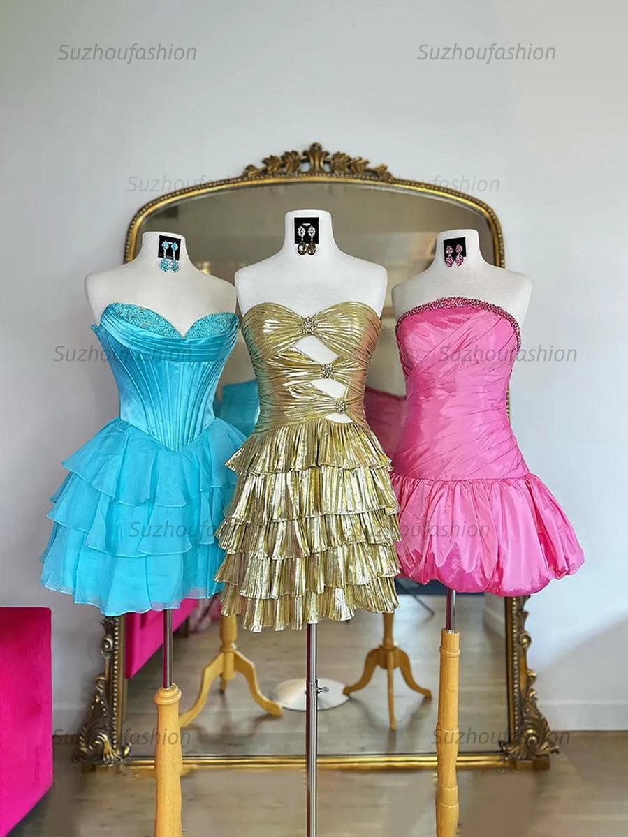 Suzhoufashion A Line Strapless Cut Out Tiered Metallic Short Homecoming Dress