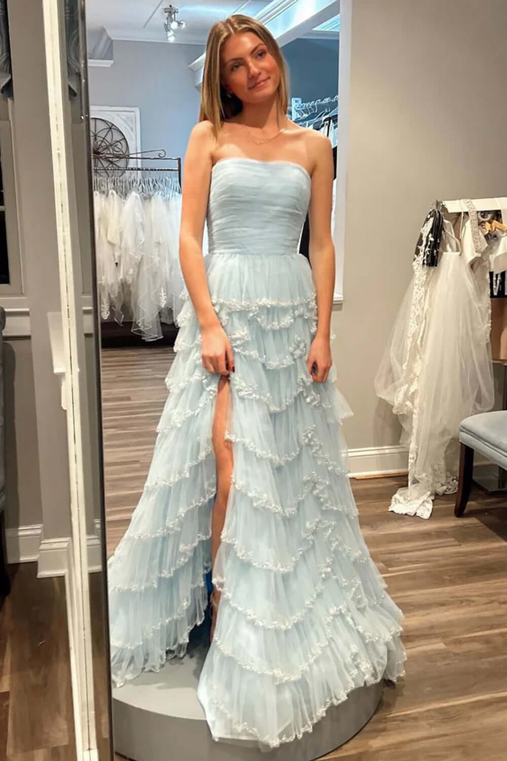 Light Blue Prom Dress Strapless Ruffled Long Formal Dress With Slit