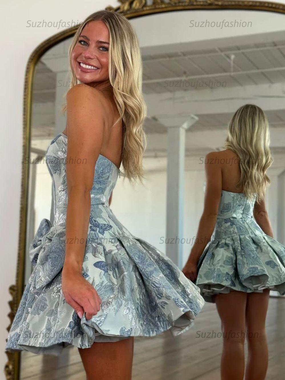 Suzhoufashion A Line Strapless Printed Short Homecoming Dress with Bowknot