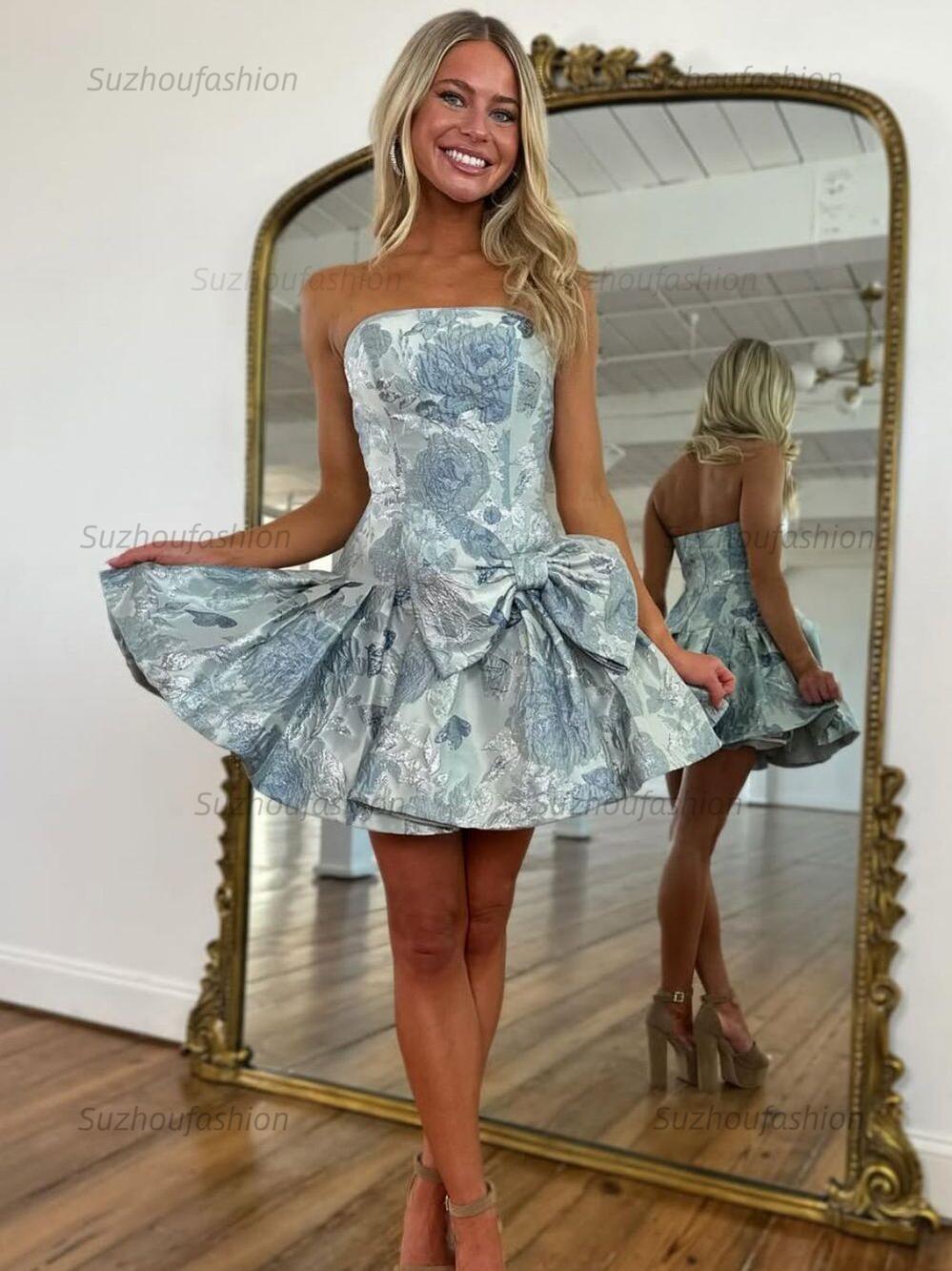 Suzhoufashion A Line Strapless Printed Short Homecoming Dress with Bowknot