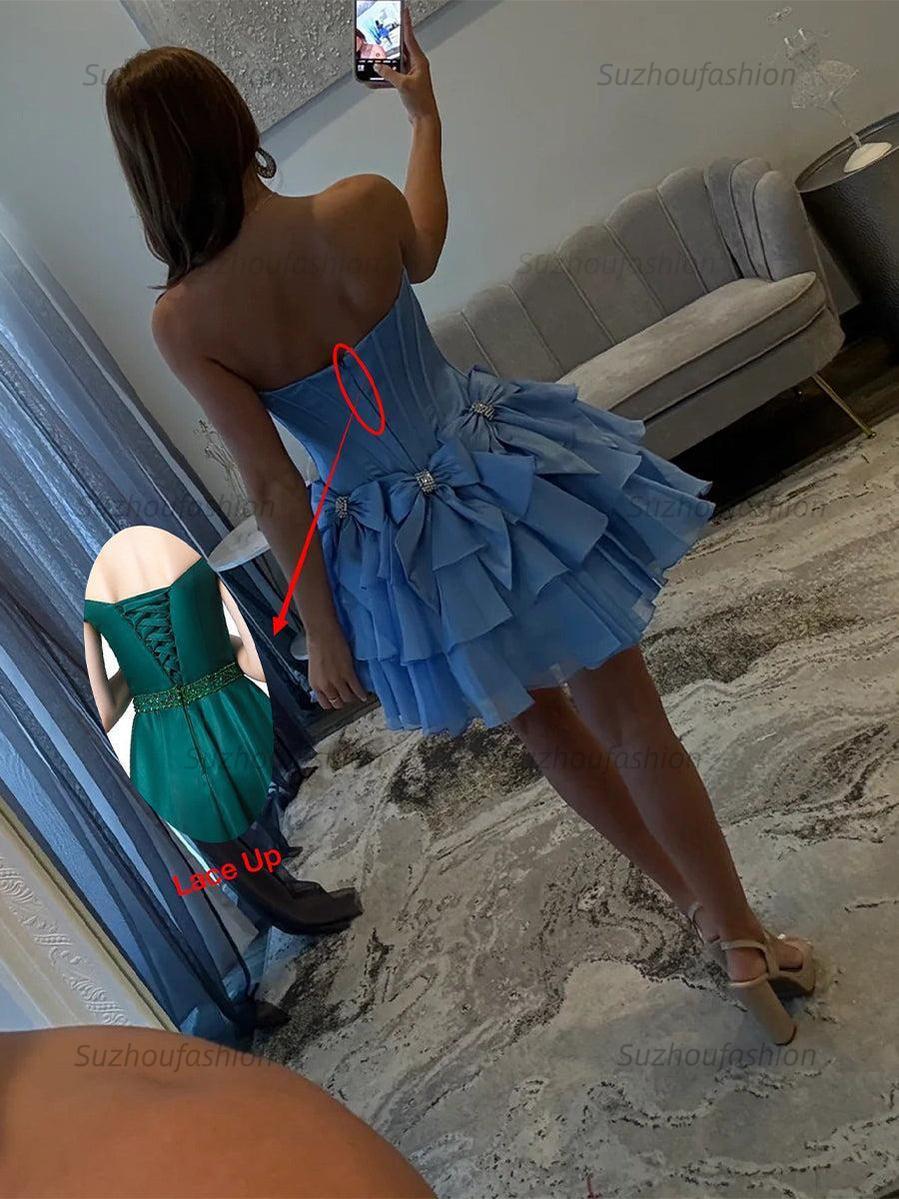 Suzhoufashion A-Line Strapless Short Satin Homecoming Dress With Bowknot