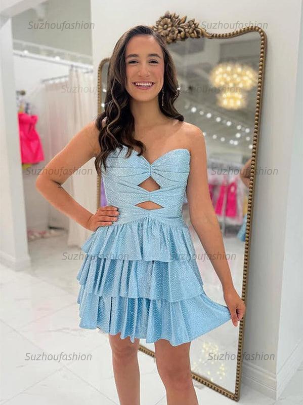 Suzhoufashion A Line Strapless Sweetheart Satin Homecoming Dress with Keyhole