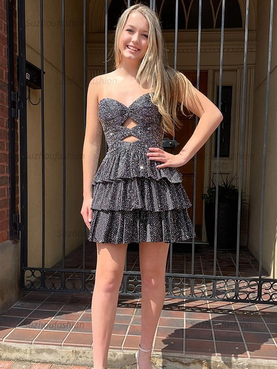 Suzhoufashion A Line Strapless Sweetheart Satin Homecoming Dress with Keyhole