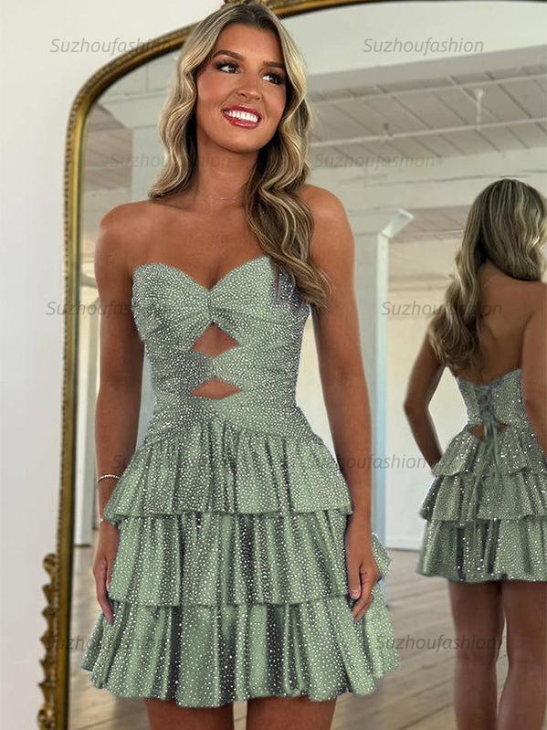 Suzhoufashion A Line Strapless Sweetheart Satin Homecoming Dress with Keyhole