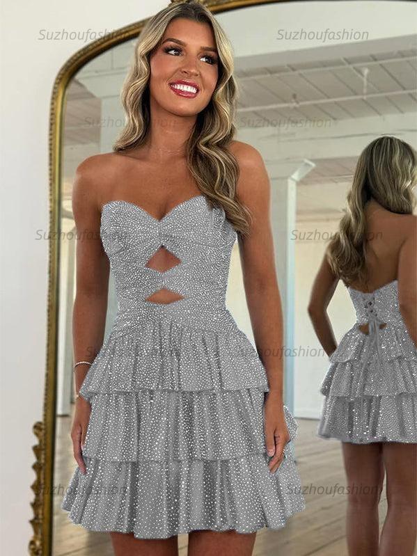 Suzhoufashion A Line Strapless Sweetheart Satin Homecoming Dress with Keyhole