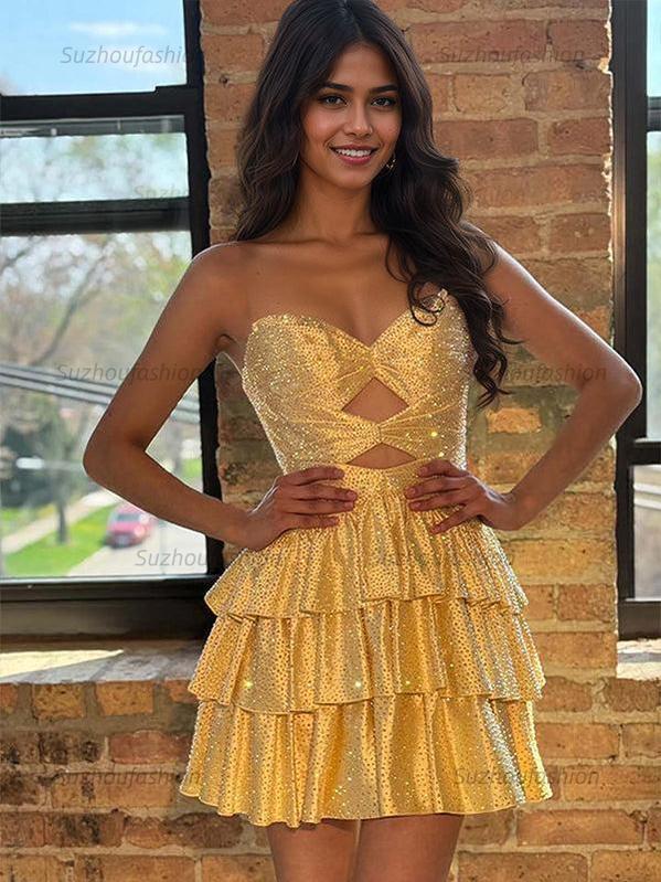 Suzhoufashion A Line Strapless Sweetheart Satin Homecoming Dress with Keyhole
