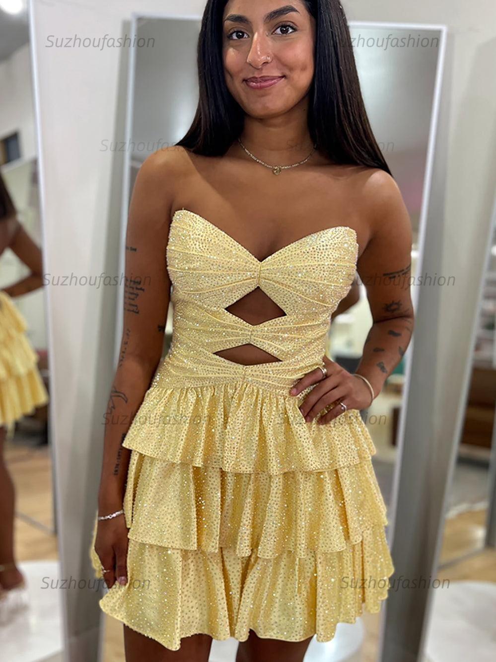 Suzhoufashion A Line Strapless Sweetheart Satin Homecoming Dress with Keyhole