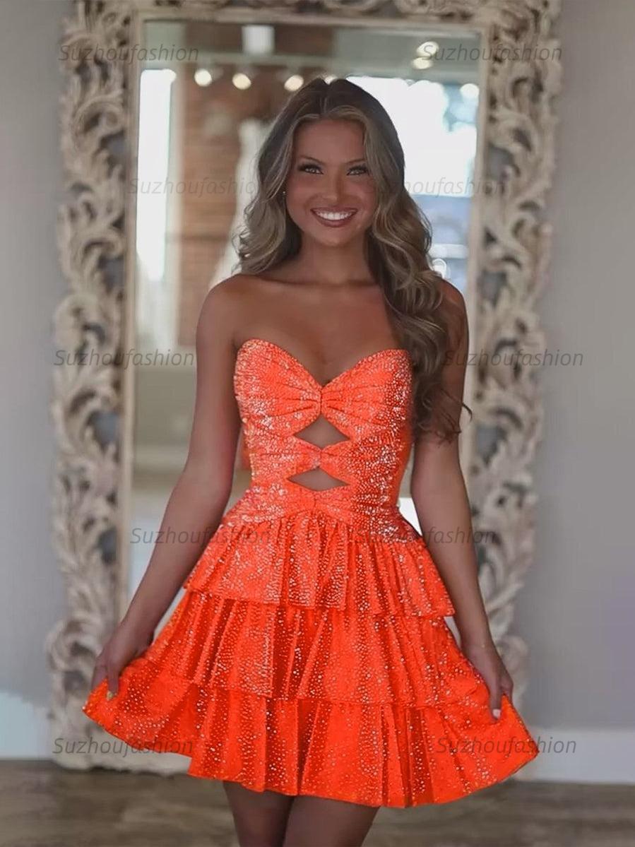 Suzhoufashion A Line Strapless Sweetheart Satin Homecoming Dress with Keyhole