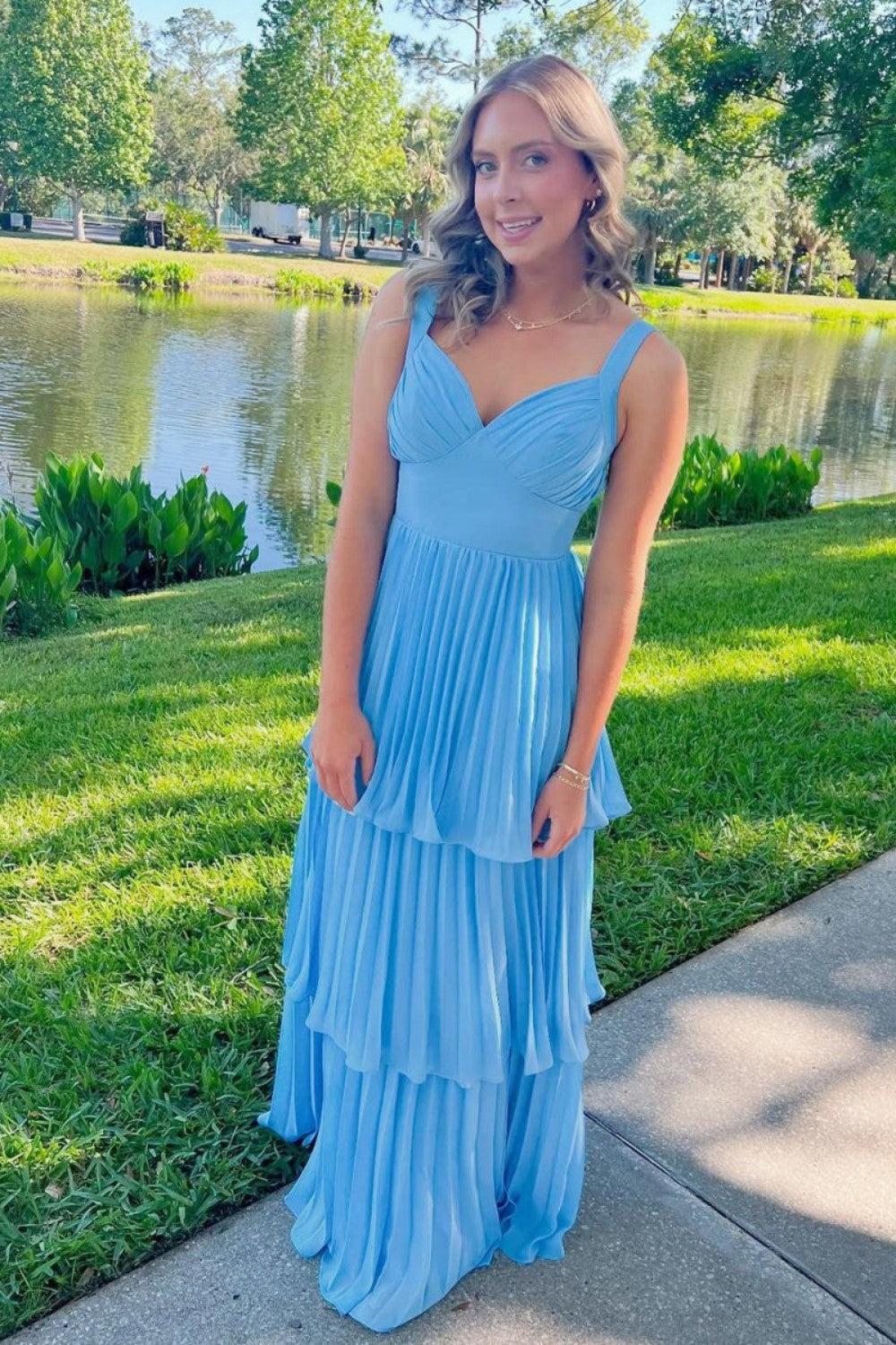 A Line Sweetheart Blue Long Prom Dress With Ruffles Formal Evening Gown