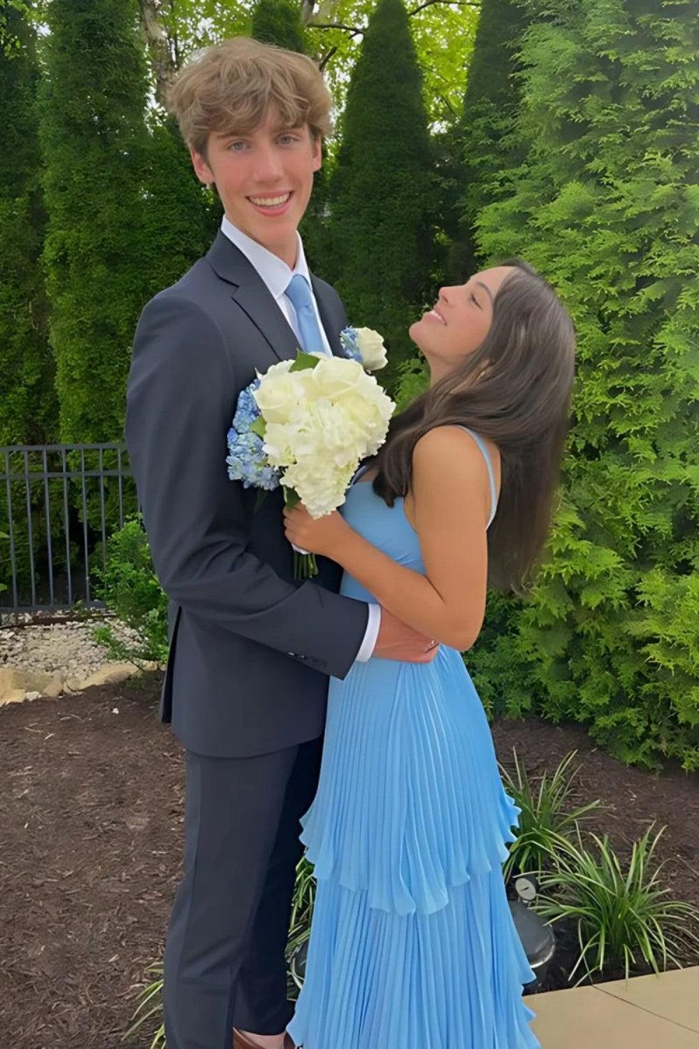 A Line Sweetheart Blue Long Prom Dress With Ruffles Formal Evening Gown