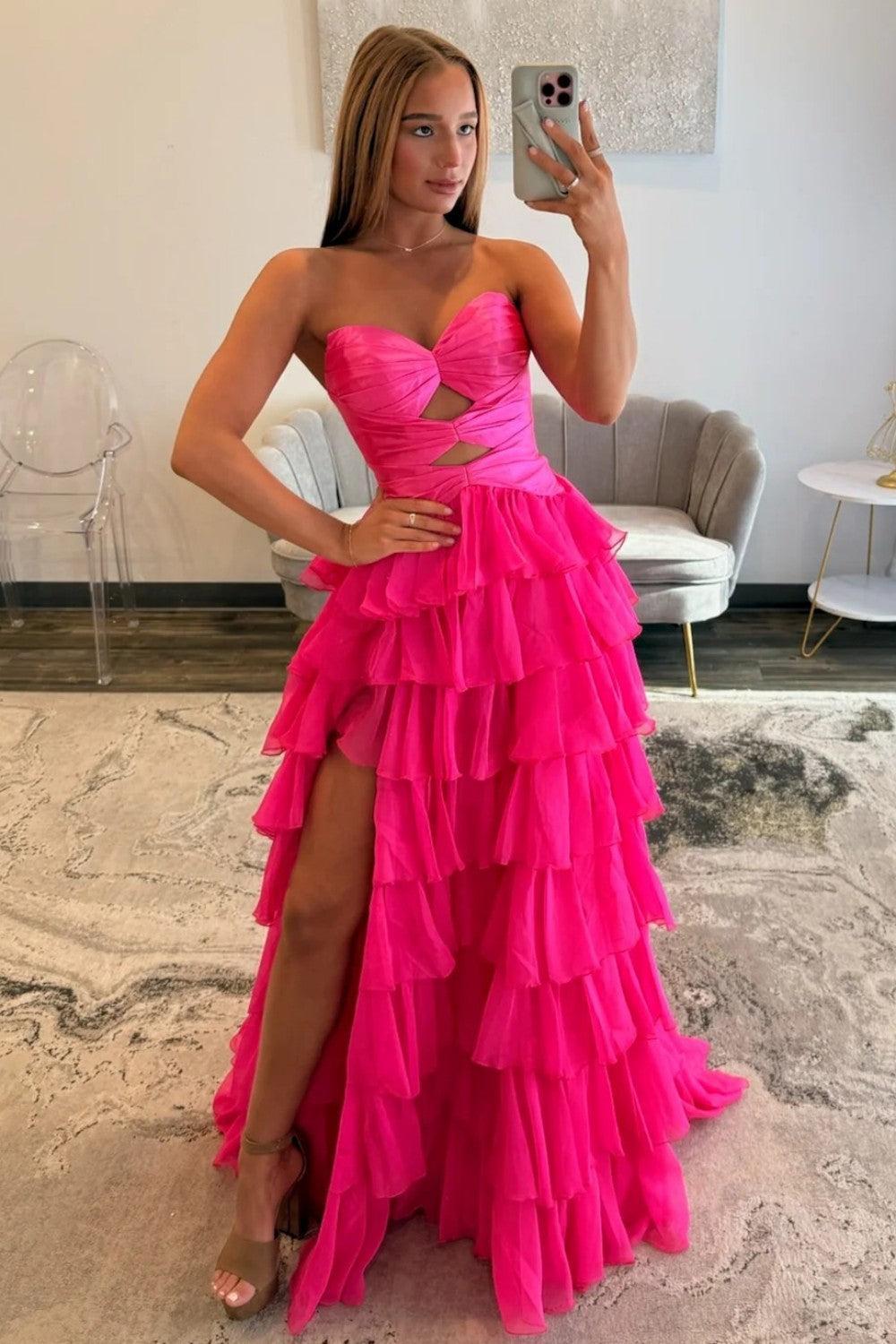 A Line Sweetheart Hot Pink Long Prom Dress With Ruffles Keyhole Formal Evening Gown