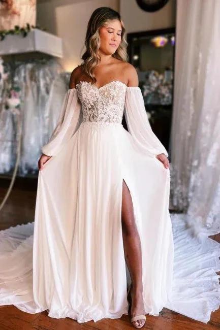A-Line Sweetheart Long Sleeve Split Front Stain Wedding Dresses with Lace (ZD16482)
