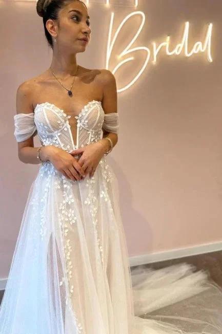 A-Line Sweetheart Off-The-Shoulder Tulle Floor-Length Wedding Dresses with Appliques (ZD15743)
