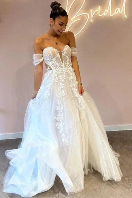 A-Line Sweetheart Off-The-Shoulder Tulle Floor-Length Wedding Dresses with Appliques (ZD15743)