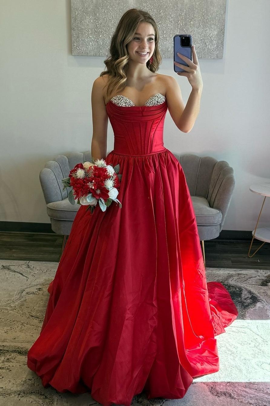 A Line Sweetheart Red Corset Prom Dress With Beading Formal Evening Gown