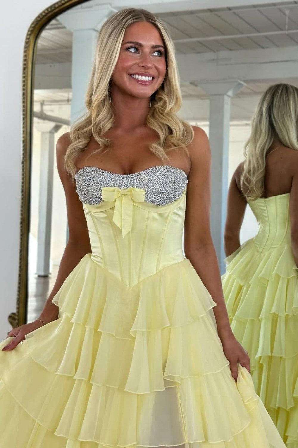 A Line Sweetheart Yellow Corset Prom Dress With Beading Ruffles Formal Evening Gown