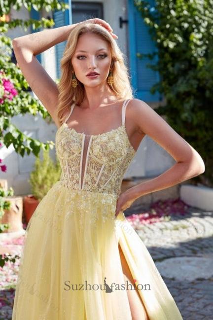 A Line Tulle Prom Dress Lace Spaghetti Straps Sleeveless Formal Dress With Slit