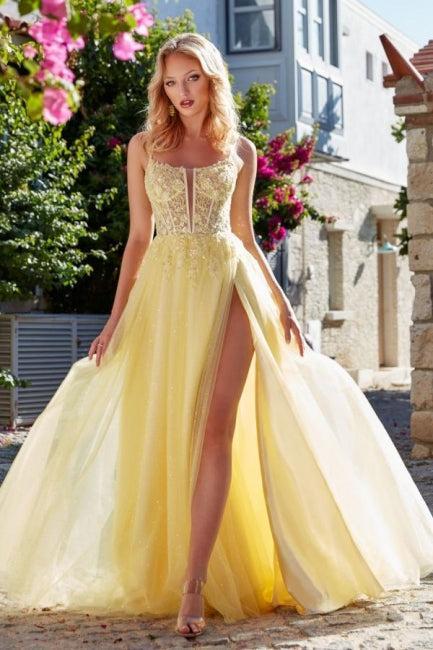 A Line Tulle Prom Dress Lace Spaghetti Straps Sleeveless Formal Dress With Slit