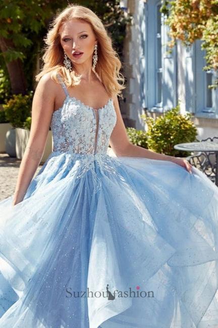 A Line Tulle Prom Dress Satin Scoop Sleeveless Formal Dress With Rhinestone