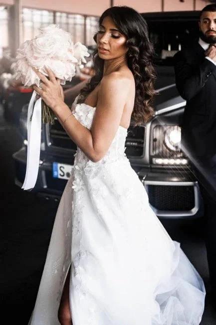 A-Line Tulle Sleeveless Floor-Length Sweetheart Split Front Wedding Dresses with Appliques (ZD15732)